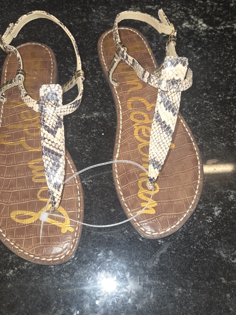 Sam Edelman Snake-Print T-Strap Sandals in Beige and Brown
